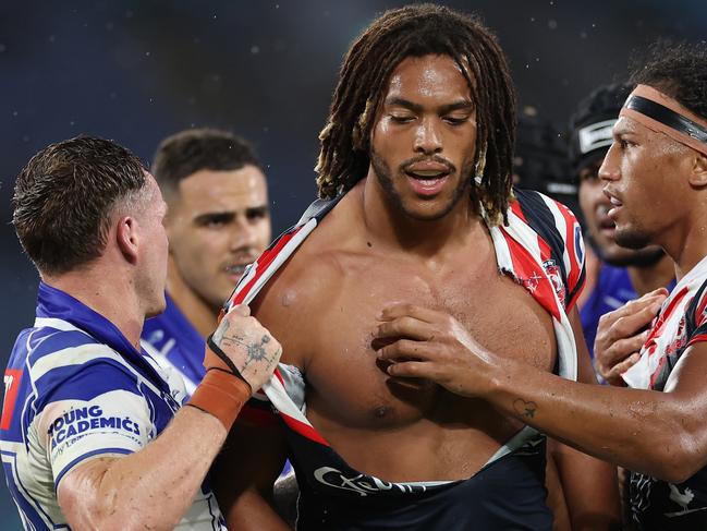SYDNEY, AUSTRALIA - APRIL 05:  Dominic Young of the Roosters is seen with his jersey ripped during the round five NRL match between Canterbury Bulldogs and Sydney Roosters at Accor Stadium on April 05, 2024, in Sydney, Australia. (Photo by Cameron Spencer/Getty Images)