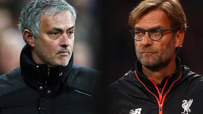 FILE PHOTO (EDITORS NOTE: GRADIENT ADDED - COMPOSITE OF TWO IMAGES - Image numbers (L) 630799888 and 619016290) In this composite image a comparision has been made between Jose Mourinho, Manager of Manchester United and Jurgen Klopp, Manager of Liverpool. Manchester United and Liverpool meet in a Premier League match on January 15,2017 at Old Trafford in Manchester. ***LEFT IMAGE*** STRATFORD, ENGLAND - JANUARY 02: Jose Mourinho, Manager of Manchester United looks on during the Premier League match between West Ham United and Manchester United at London Stadium on January 2, 2017 in Stratford, England. (Photo by Ian Walton/Getty Images) ***RIGHT IMAGE*** LONDON, ENGLAND - OCTOBER 29: Jurgen Klopp, Manager of Liverpool looks on during the Premier League match between Crystal Palace and Liverpool at Selhurst Park on October 29, 2016 in London, England. (Photo by Ian Walton/Getty Images)