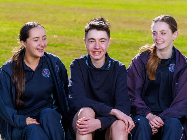 Daily Telegraph. 30, July, 2024.Year 9 students,Marli Di Cesare, Jethro Dillon-Smith, and Erika Glas, at Lucas Heights Community School, today(Story - new PDHPE syllabus on Wednesday for Year 7 to 10 )Picture: Justin Lloyd.