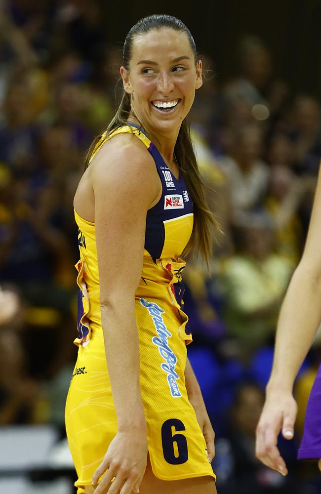 Cara Koenen of the Lightning celebrates during the round three Super Netball match between Sunshine Coast Lightning and Queensland Firebirds at UniSC Arena. Picture: Russell Freeman/Getty Images.
