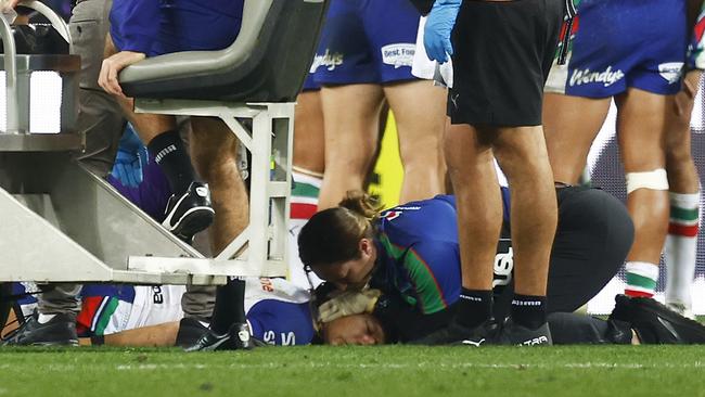 Dallin Watene-Zelezniak took a heavy knock. Picture: Daniel Pockett/Getty Images