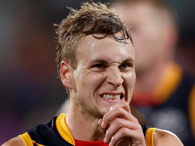 ADELAIDE, AUSTRALIA - APRIL 04: Jordan Dawson of the Crows looks dejected after a loss during the 2024 AFL Round 04 match between the Adelaide Crows and the Melbourne Demons at Adelaide Oval on April 04, 2024 in Adelaide, Australia. (Photo by Michael Willson/AFL Photos via Getty Images)