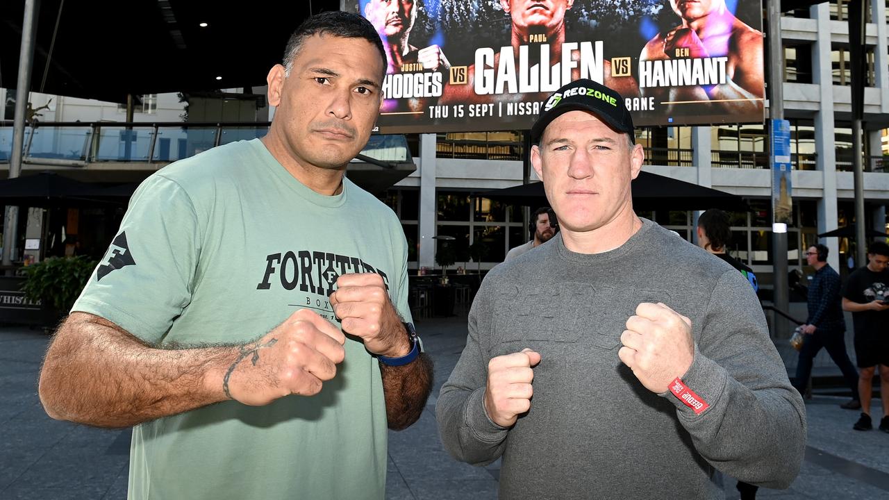 BRISBANE, AUSTRALIA - AUGUST 17: Paul Gallen and Justin Hodges pose for a photo during a No Limit Boxing Open Day at King George Square on August 17, 2022 in Brisbane, Australia. (Photo by Bradley Kanaris/Getty Images)