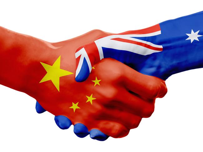 Flags China, Australia countries, handshake cooperation, partnership, friendship or sports team competition concept, isolated on white 3D illustration