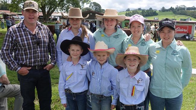 Toby Gibson, Sierra Martin, Lacey Gibson, Tully Gibson, Amee Lamb, (front) Harper, Skylah and Brooklyn at the Dorrigo Show, November 24, 2023. Picture: Chris Knight