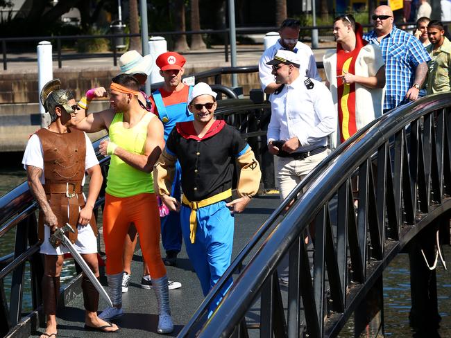 Parramatta Eels players on their Mad Monday celebrations boarding a boat at Pyrmont.