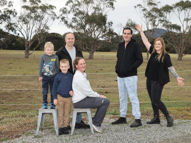 Dean and Alisa Hinch, with children Eric, 5, and Max, 7 and Brett Couzens and Louise Curtis on the proposed site of a caravan park in Lara at 325 Forest Road. Picture: Alison Wynd