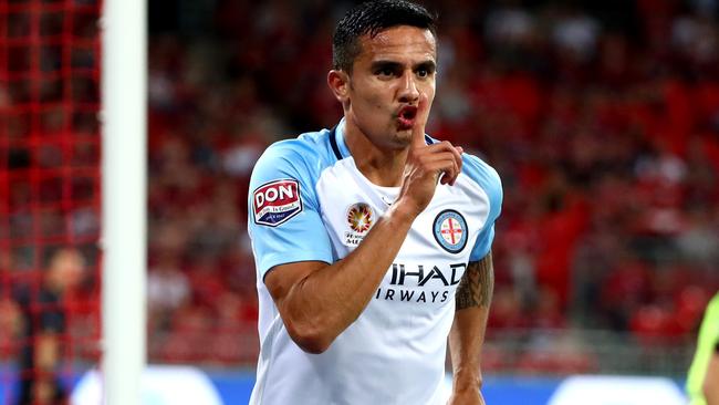 Tim Cahill celebrates scoring against the Wanderers. Picture: Gregg Porteous