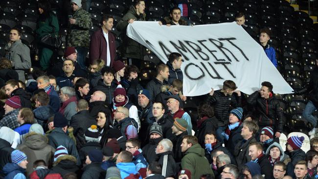 Aston Villa supporters unveil a "Lambert Out" banner.