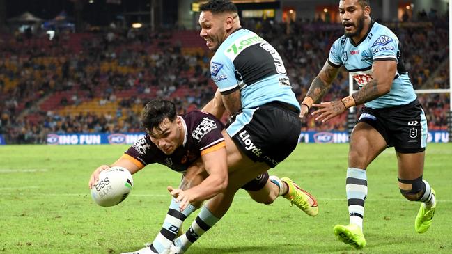 Herbie Farnworth crashes over against the Sharks. Picture: NRL Photos.