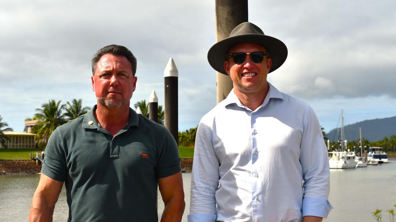 Hinchinbrook MP Nick Dametto and Queensland Premier Steven Miles at the beleaguered Port Hinchinbrook development project in Cardwell on Friday. Picture: Cameron Bates