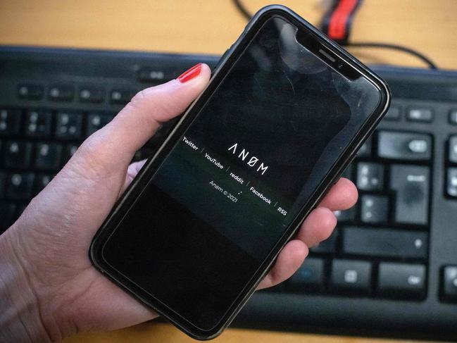 The ANoM app appears on the screen of a smartphone in Paris. Picture: AFP