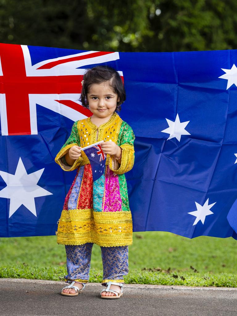 Three-year-old Zohra Nabizada, the first Australian born member of her family, prepares to celebrate Australia Day 2022, Monday, January 24, 2022. Picture: Kevin Farmer