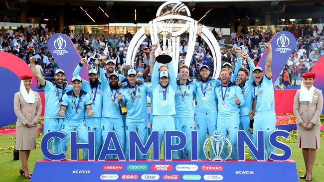 England captain Eoin Morgan holds aloft the World Cup trophy. Picture: Getty Images