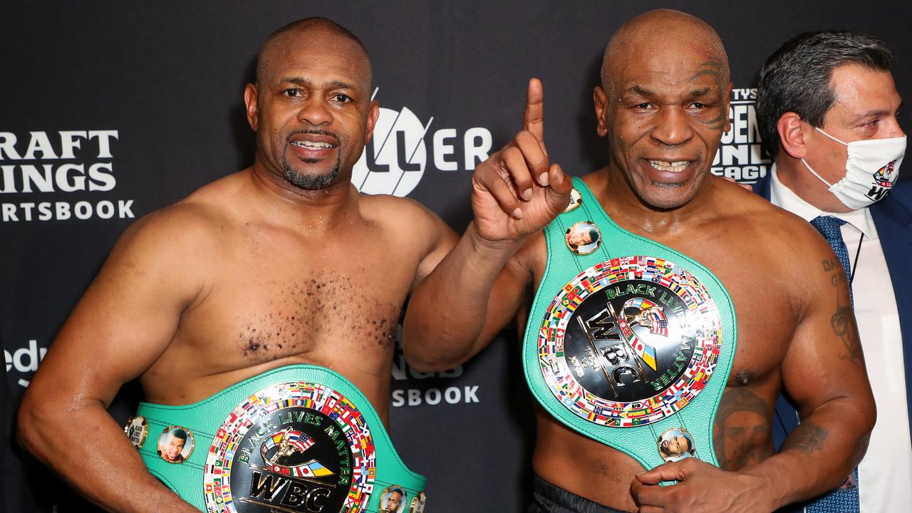 Tyson and Roy Jones Jr after their exhibition fight in 2020. (Photo by Joe Scarnici/Getty Images for Triller)