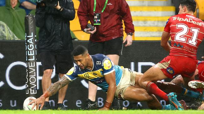 It wasn’t pretty, but it was a thrilling finish in the Titans Golden Point win over the Dragons. Picture: Getty Images.