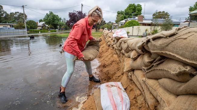 Jane Boal piling up sand bags in Echuca. Picture: Jason Edwards