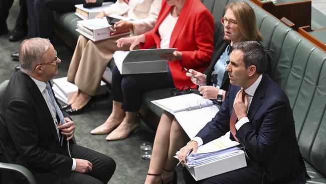 Anthony Albanese and Jim Chalmers during Question Time at Parliament House in Canberra. Picture: Martin Ollman/NewsWire