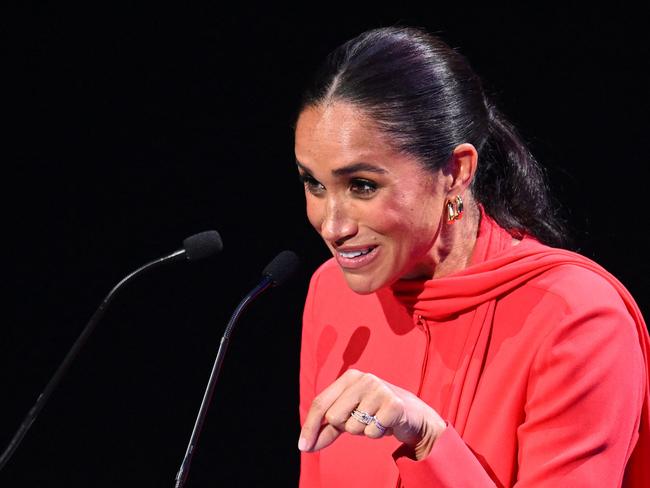 Markle gestures as she delivers her speech in Manchester. Picture: AFP