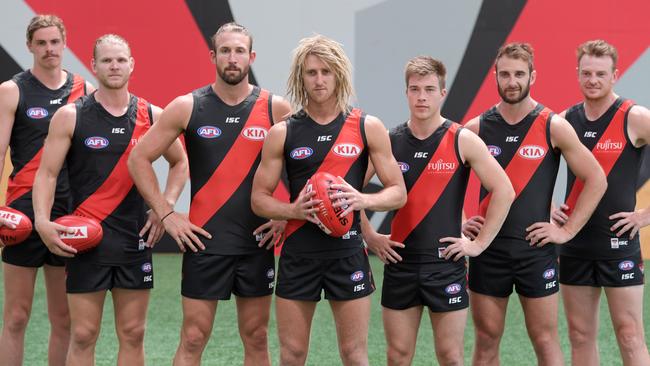New Essendon leadership group (from left) Joe Daniher, Michael Hurley, Cale Hooker, Dyson Heppell, Zach Merrett, Jobe Watson and Brendon Goddard.