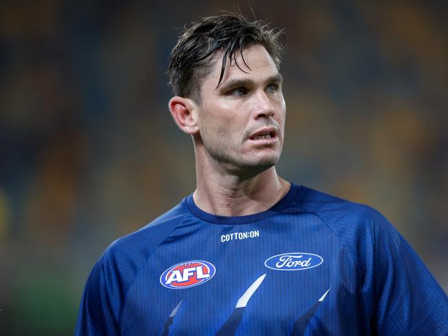 BRISBANE, AUSTRALIA - APRIL 20: Tom Hawkins of the Cats warms up prior to the 2024 AFL Round 06 match between the Brisbane Lions and the Geelong Cats at The Gabba on April 20, 2024 in BRISBANE, Australia. (Photo by Russell Freeman/AFL Photos via Getty Images)