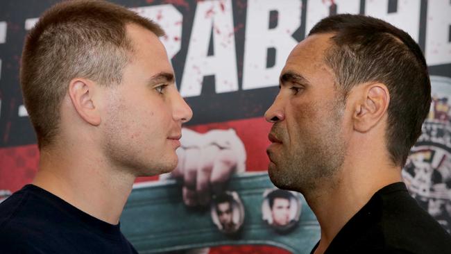 Fight promo between Sergey Rabchenko and Anthony Mundine with an all-star cast including celebrity publicist Max Markson, and Mick Gatto. Pic Tim Marsden