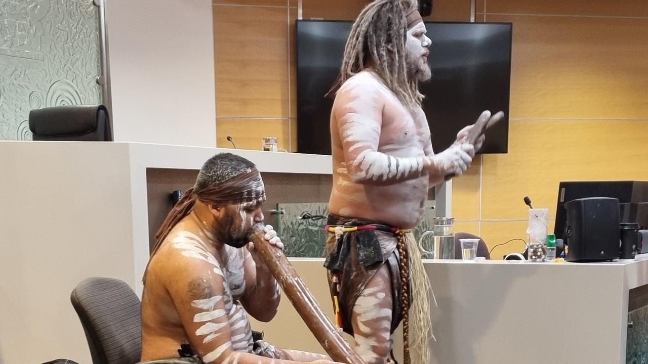 Karntu Marlinj (left) and Songman Thiramayinj of Mura Biri Gururu perform in Courtroom 5 at the Toowoomba Courthouse during NAIDOC Week celebrations.