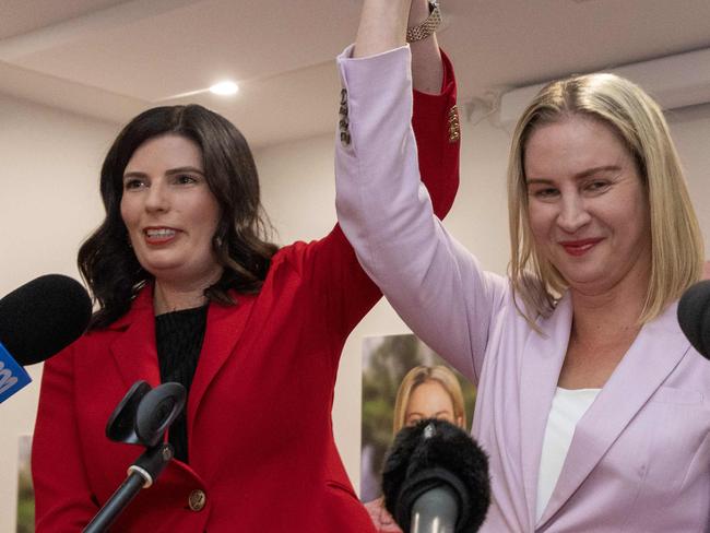 May 3, 2025  Senator Marielle Smith and Claire Clutterham after Clutterham wins the seat of Sturt at her Election night event at the Altavilla club win Norwood  Picture: Kelly Barnes
