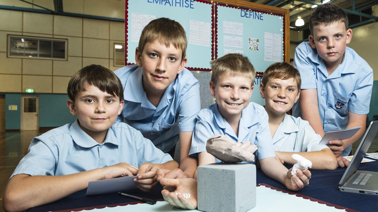 Chinchilla Christian College students (from left) Jai Bailey, Sam Aitken, Josiah Muller, Billy Rush and Brodie Davison with their slinky tree project at the STEM advanced manufacturing Makers Empire schools showcase at The Salo Centre, St Ursula's College, Monday, November 4, 2024. Picture: Kevin Farmer