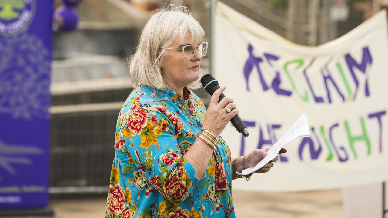 Domestic Violence Action Centre Toowoomba service manager Kath Turley speaking as DVAC host Reclaim the Night march in Toowoomba CBD. Picture: Kevin Farmer