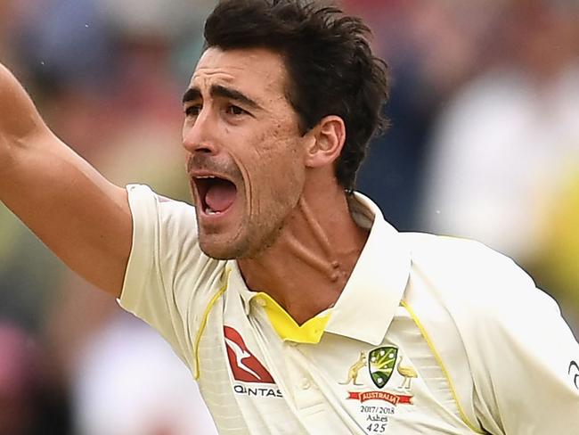 PERTH, AUSTRALIA - DECEMBER 17:  Mitchell Starc of Australia celebrates  getting the wicket of James Vince of England during day four of the Third Test match during the 2017/18 Ashes Series between Australia and England at WACA on December 17, 2017 in Perth, Australia.  (Photo by Quinn Rooney/Getty Images)