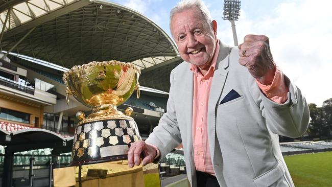 22/8/24. South Australian media legend Ken "KG'' Cunningham with the SANFL Premiership cup at Adelaide Oval.Picture: Keryn Stevens