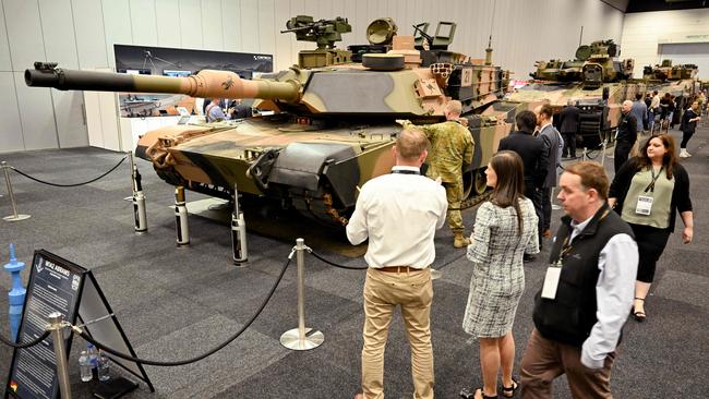 An M1A2 Abrams main battle tank is displayed at the Land Forces 2024 arms fair in Melbourne. Picture: AFP