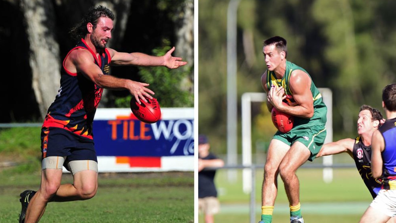 Noosa Tigers player Luke Tyrell (left) and Maroochydore Roos player Jarrod Gale. Pictures: Geoff Potter, Iain Curry