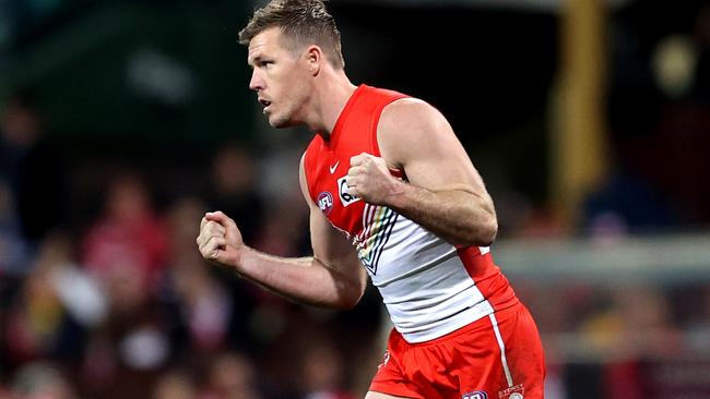 Luke Parker celebrates kicking a goal. Picture: Brendon Thorne/AFL Photos/via Getty Images