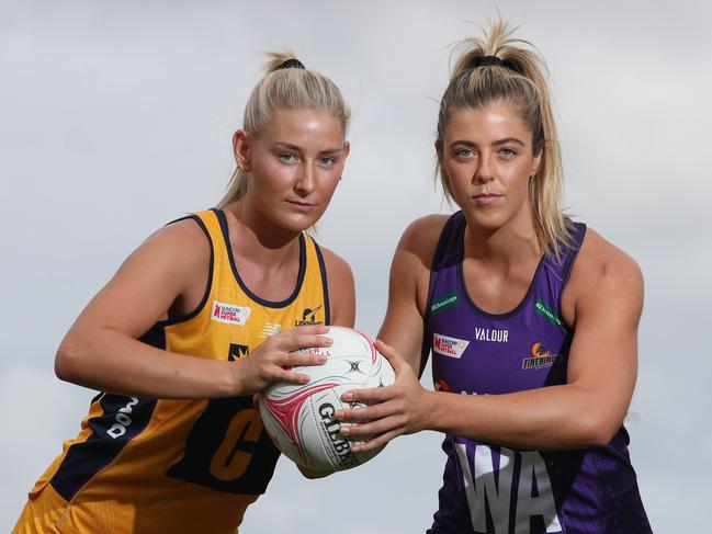 Annie Miller from Sunshine Coast lightning and Lara Dunkley from Firebirds ready for action in the  Super netball pre-season tournament , the Team Girls Cup . Picture Glenn Hampson