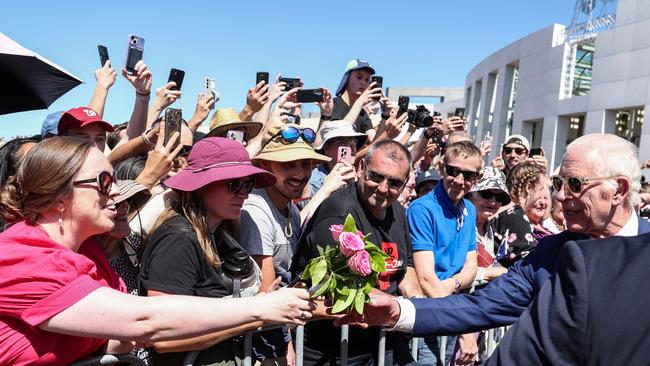 King Charles III greets well-wishers outside Parliament House on October 21, 2024 in Canberra, Australia. Picture: David Gray-Pool/Getty Images