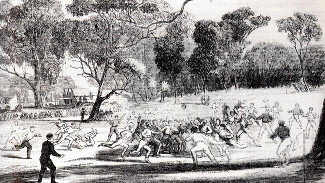 An artist depicts the Richmond Paddock “ruckus”, with Melbourne Grammar playing Scotch College.