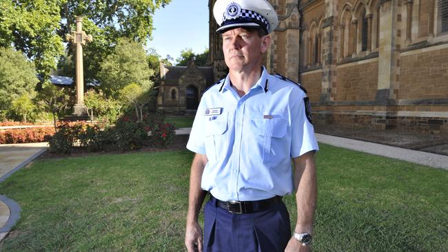 Detective Superintendent Damian Powell at a media conference at St Peters Cathedral during the hunt for the North Adelaide rapist. Picture: Campbell Brodie