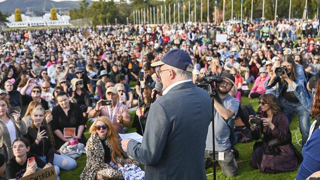 PM Anthony Albanese speaks at the No More! National Rally Against Violence march at Parliament House on April 28. Picture: NCA NewsWire / Martin Ollman
