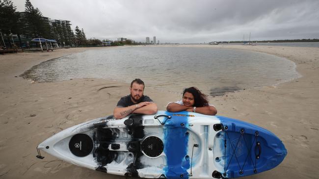 Gold Coast couple, Josh Kilburn and Amy Rony,  were providing free water fun and kayaking for families at Harley Park Labrador until they were shut down by the council after a member of the public complained about their activities. Picture: Glenn Hampson