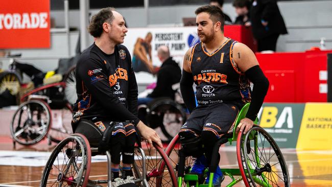 Tom O'Neill-Thorne and Clarence McCarthy-Grogan playing in the Darwin Salties first match of the 2024 season. Picture: Daniel Bennett Photography