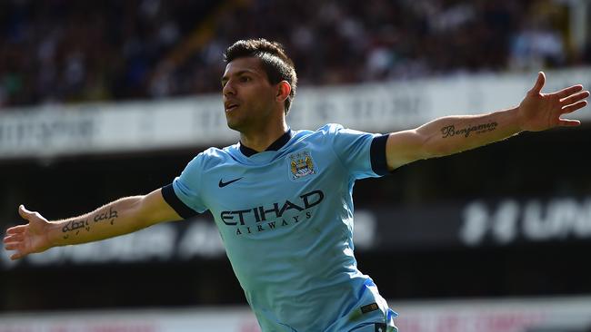 LONDON, ENGLAND - MAY 03: Sergio Aguero of Manchester City celebrates scoring the opening goal during the Barclays Premier League match between Tottenham Hotspur and Manchester City at White Hart Lane on May 3, 2015 in London, England. (Photo by Jamie McDonald/Getty Images)