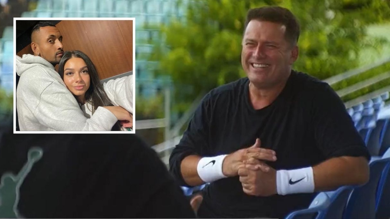 Karl Stefanovic cracks up with Nick Kyrgios. Photo: Channel 9, Costeen Hatzi, Instagram.