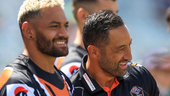 CANBERRA, AUSTRALIA - MARCH 16: Benji Marshall, new head coach of the Wests Tigers laughs as he looks on during the NSW Cup ahead of the round two NRL match between Canberra Raiders and Wests Tigers at GIO Stadium, on March 16, 2024, in Canberra, Australia. (Photo by Jenny Evans/Getty Images)