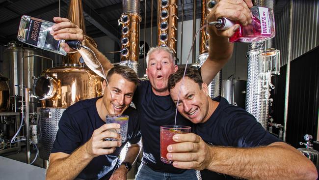 White Oat Distillery founders Ryan Goding and Andrew Langton with head distiller Tudor Duxbury at their new bar in Biggera Waters. Picture: Nigel Hallett