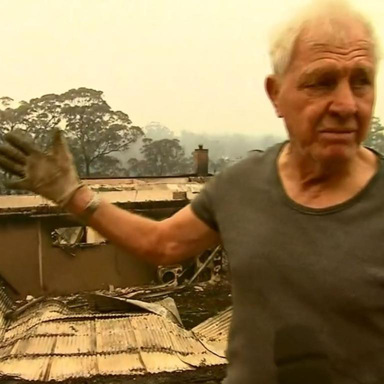 Ron Coote after the bushfires destroyed his home. Picture: Channel 9/9News