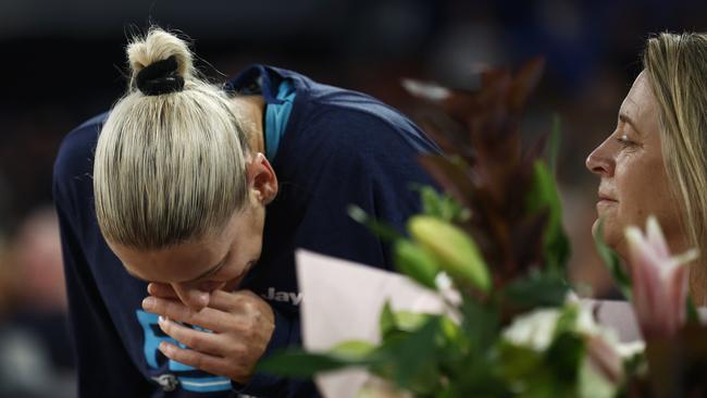 Lauren Jackson of the Flyers gets emotional after the match. Picture: Daniel Pockett