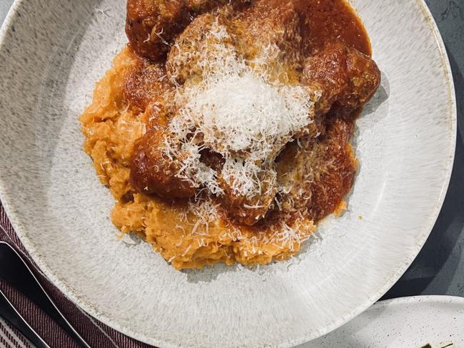 Emelia Jackson’s Spicy Pork Meatballs with Tomato Sauce served with Smashed Sweet Potato and Charred Zucchini with Caper Vinegarette. Picture: Supplied