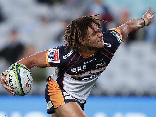 SYDNEY, AUSTRALIA - JULY 18: Issak Fines of the Brumbies celebrates scoring a try during the round three Super Rugby AU match between the Waratahs and the Brumbies at ANZ Stadium on July 18, 2020 in Sydney, Australia. (Photo by Mark Metcalfe/Getty Images)